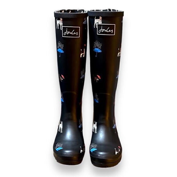 Joules Black Rain Boots, Women’s, SZ 5. Dog, Cat, Umbrella Design. EUC - Picture 1 of 7